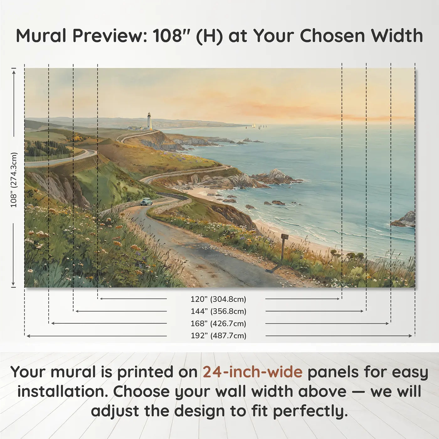 Panel layout and dimensions for Coastal Clifftop Road Wallpaper Mural by Whimsy Tots