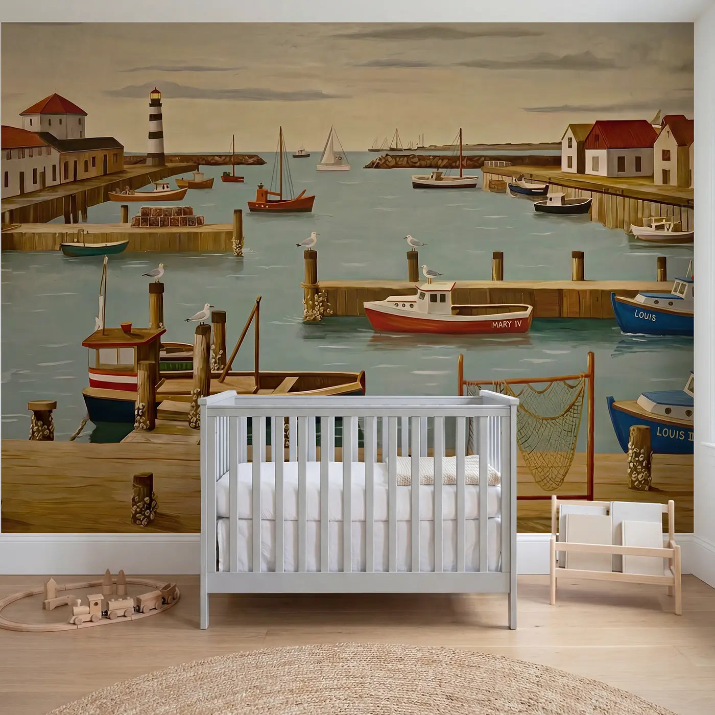 Modern illustration lighthouse vintage transport wallpaper mural for nursery by Whimsy Tots