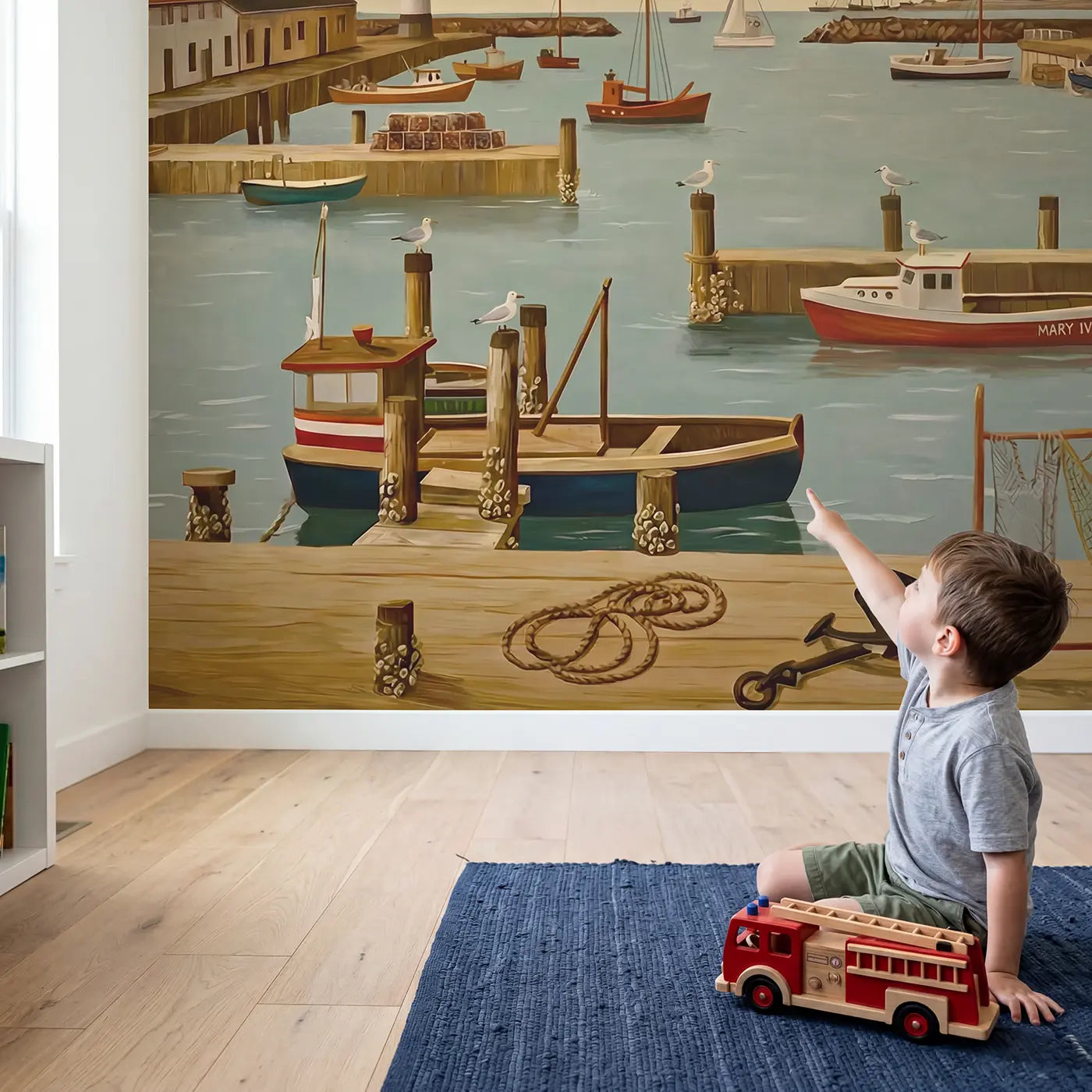 Child in nursery with Working Harbor Panorama Wallpaper Mural by Whimsy Tots
