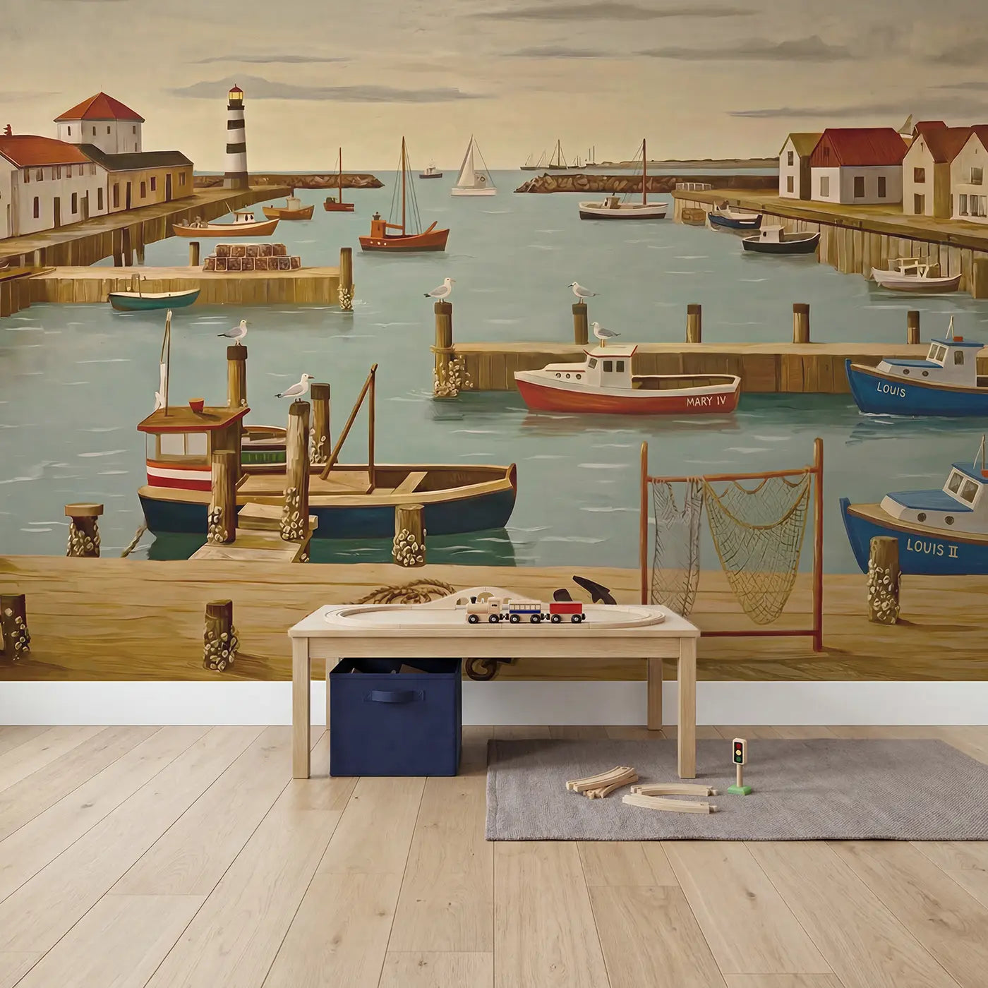 Working Harbor Panorama Wallpaper Mural in playroom setting by Whimsy Tots