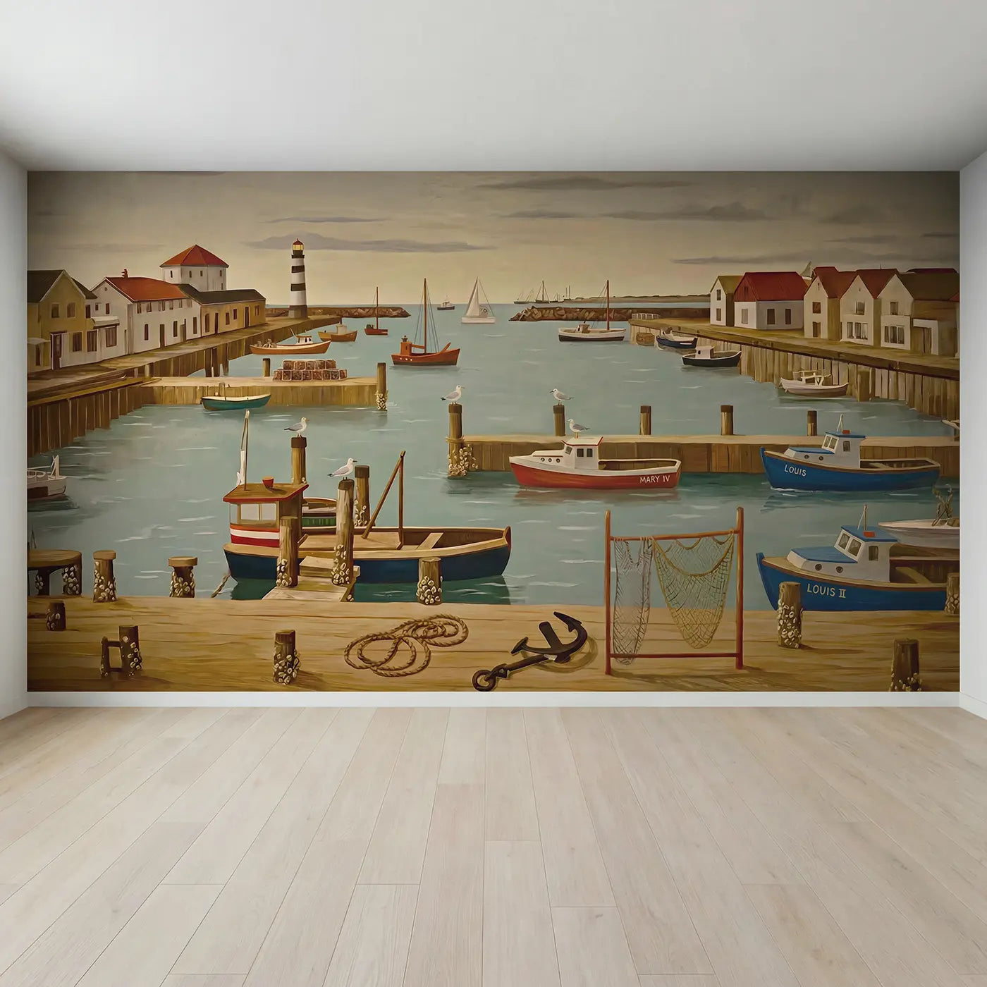 Full view of Working Harbor Panorama Wallpaper Mural by Whimsy Tots