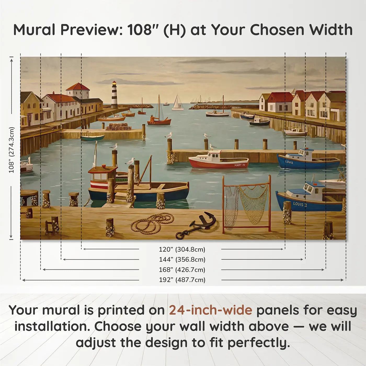 Panel layout and dimensions for Working Harbor Panorama Wallpaper Mural by Whimsy Tots