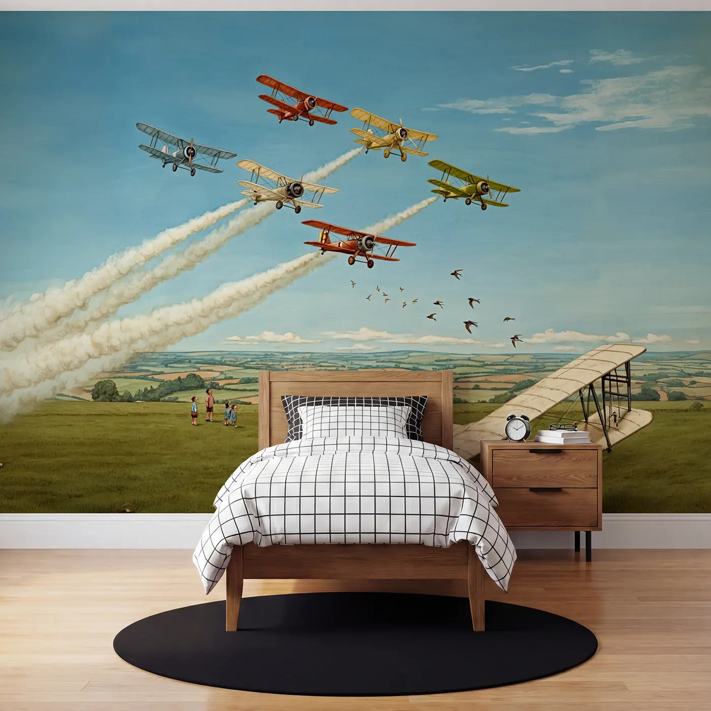 Storybook vintage plane formation sky wallpaper mural for kids room by Whimsy Tots