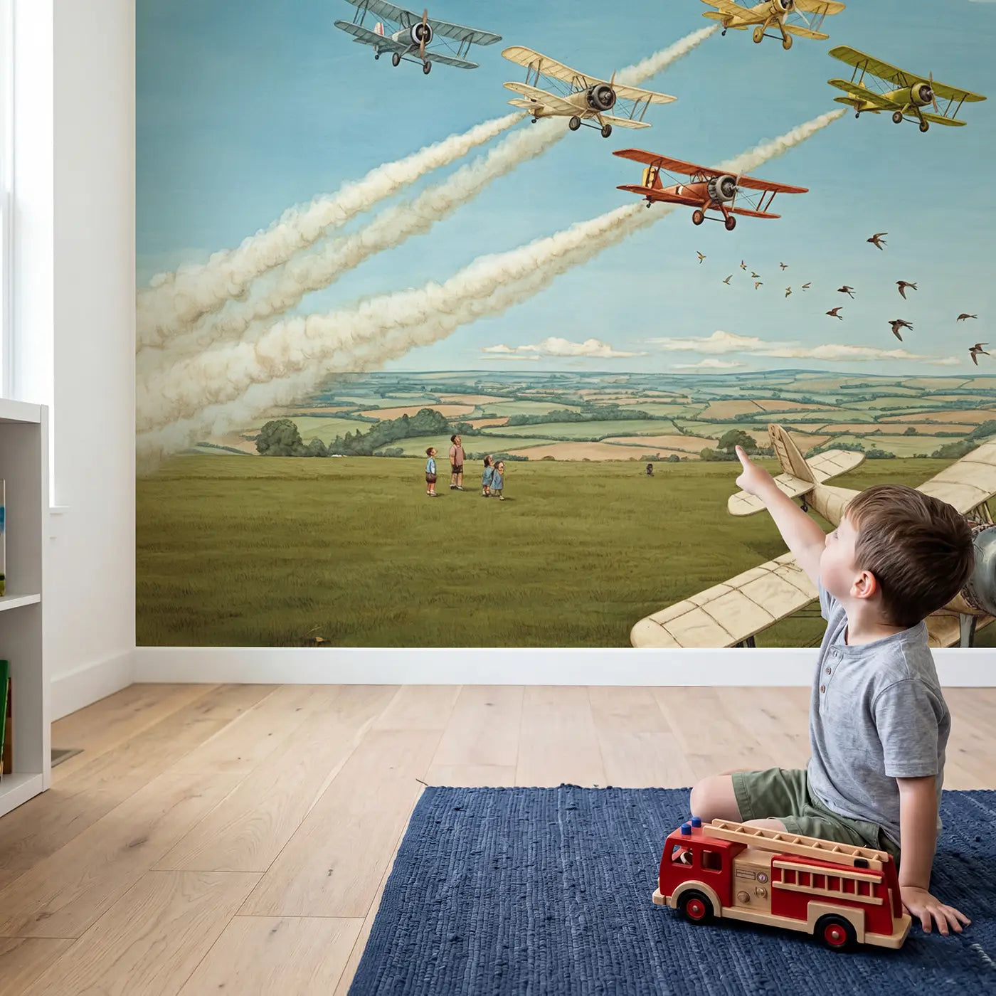 Child in nursery with Vintage Plane Formation Sky Wallpaper Mural by Whimsy Tots