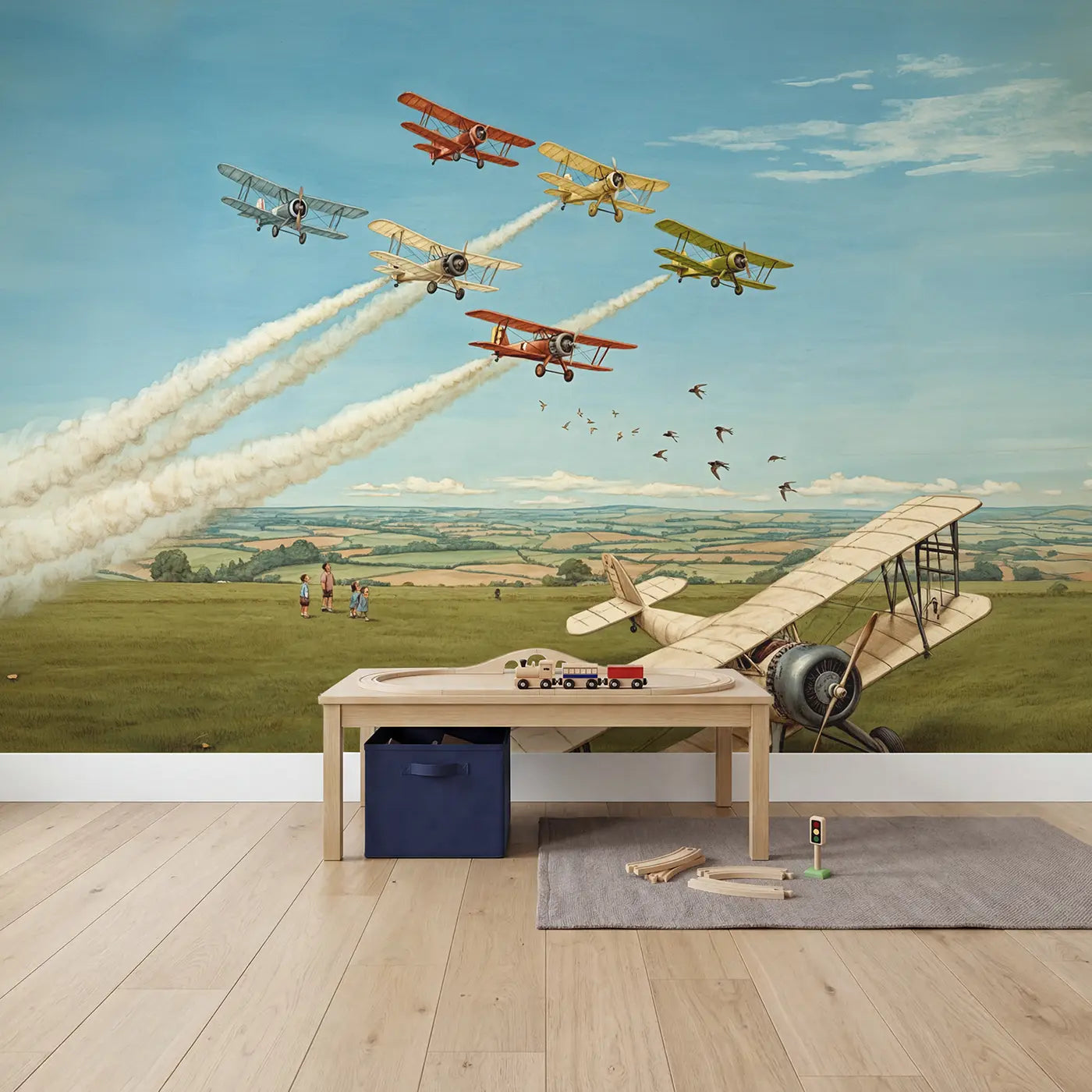 Vintage Plane Formation Sky Wallpaper Mural in playroom setting by Whimsy Tots