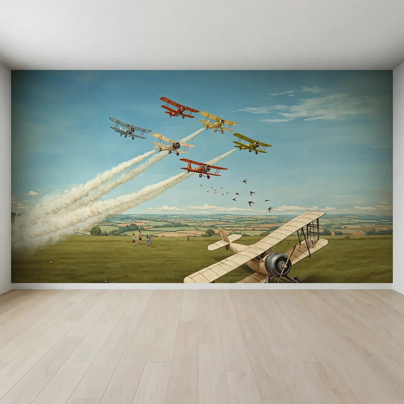 Full view of Vintage Plane Formation Sky Wallpaper Mural by Whimsy Tots