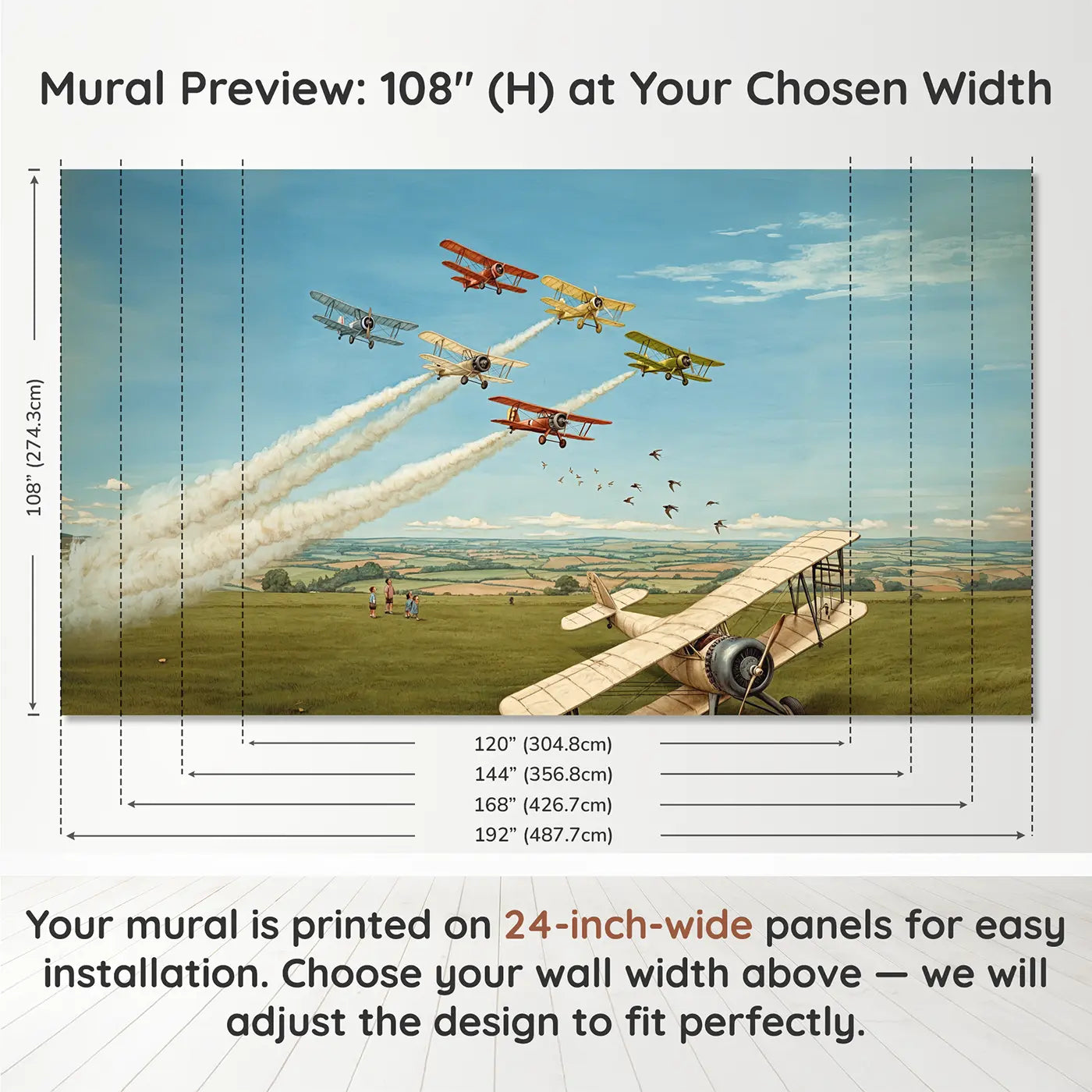 Panel layout and dimensions for Vintage Plane Formation Sky Wallpaper Mural by Whimsy Tots