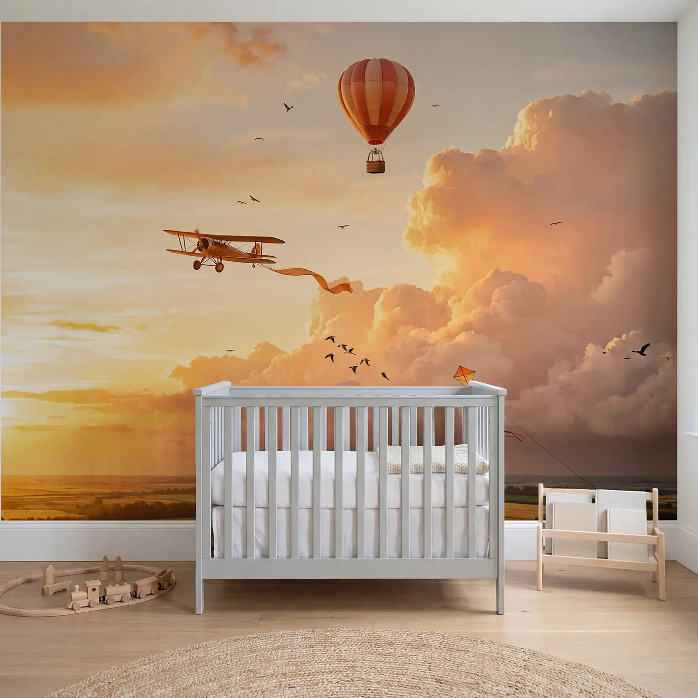 Soft pastel balloon biplane kite sky wallpaper mural for boys room by Whimsy Tots