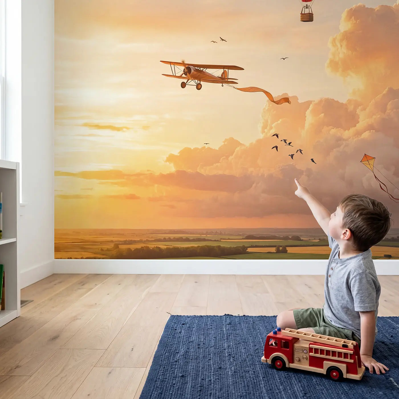 Child in nursery with Three Ways to Fly Wallpaper Mural by Whimsy Tots