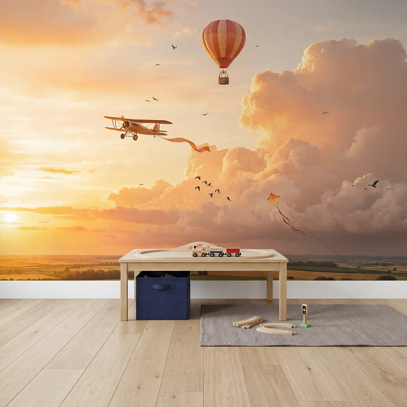 Three Ways to Fly Wallpaper Mural in playroom setting by Whimsy Tots