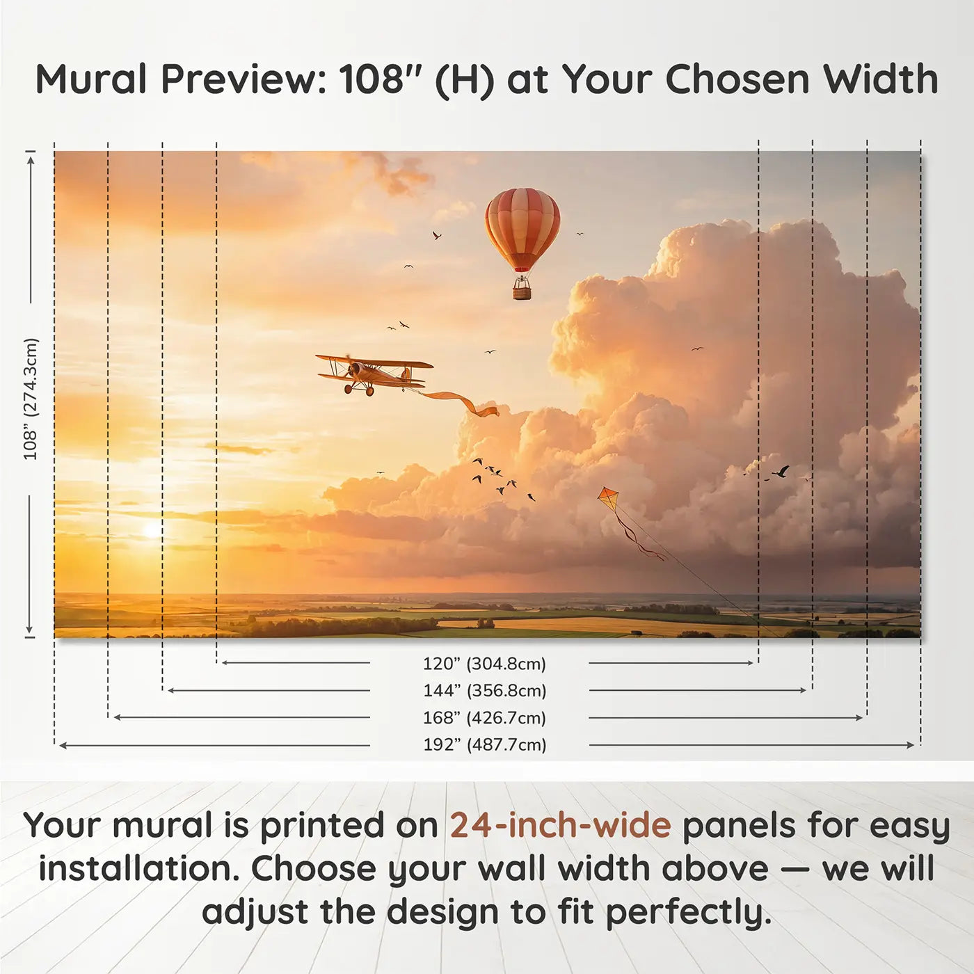 Panel layout and dimensions for Three Ways to Fly Wallpaper Mural by Whimsy Tots