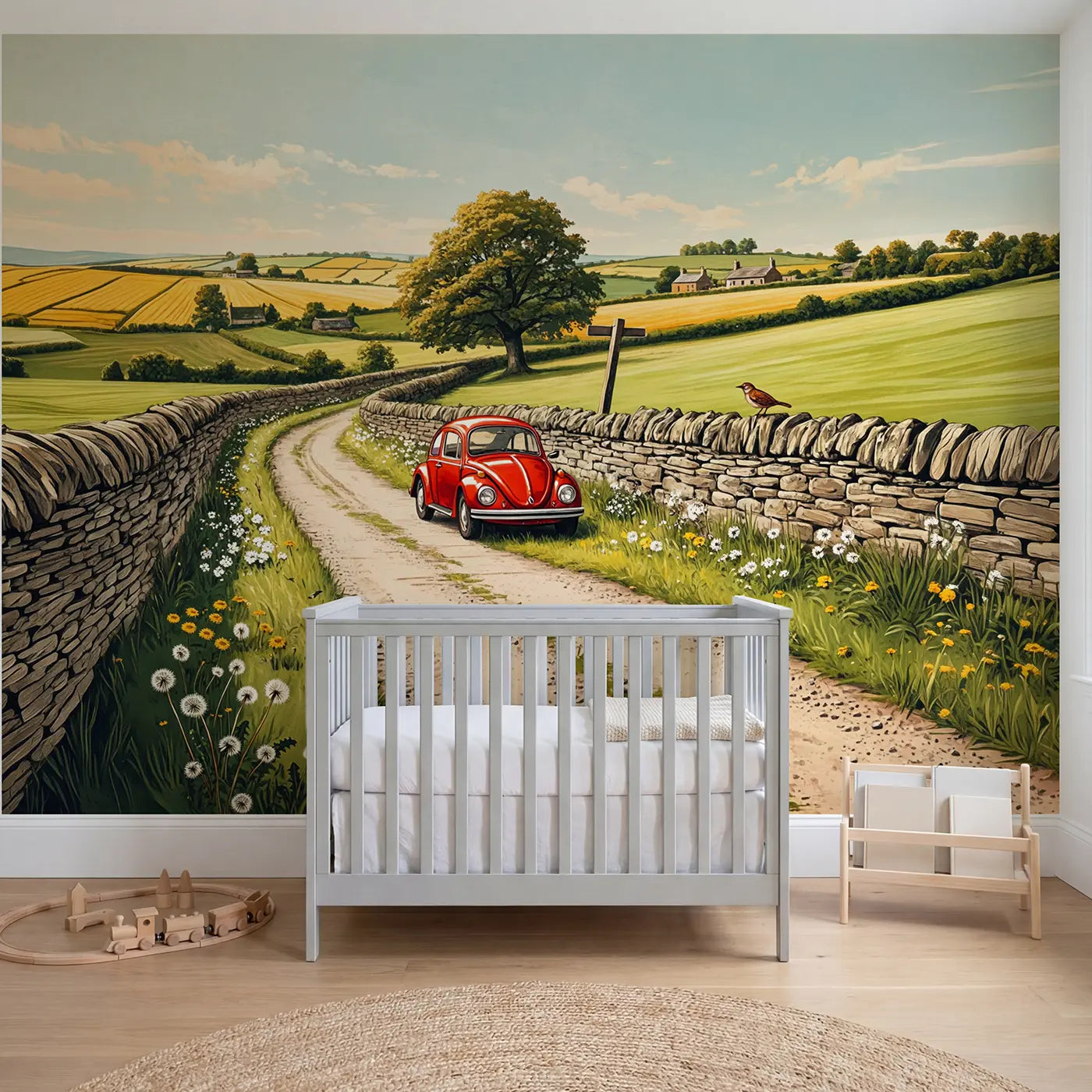 Block print red beetle on country lane wallpaper mural for nursery by Whimsy Tots