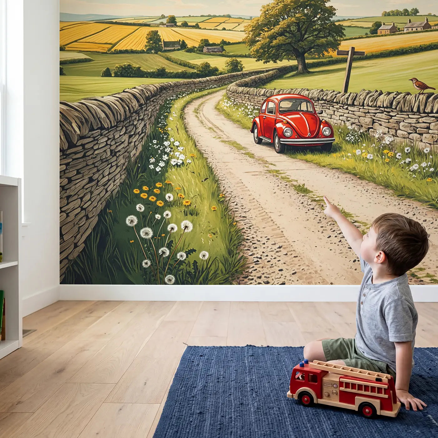 Child in nursery with Red Beetle Country Lane Wallpaper Mural by Whimsy Tots