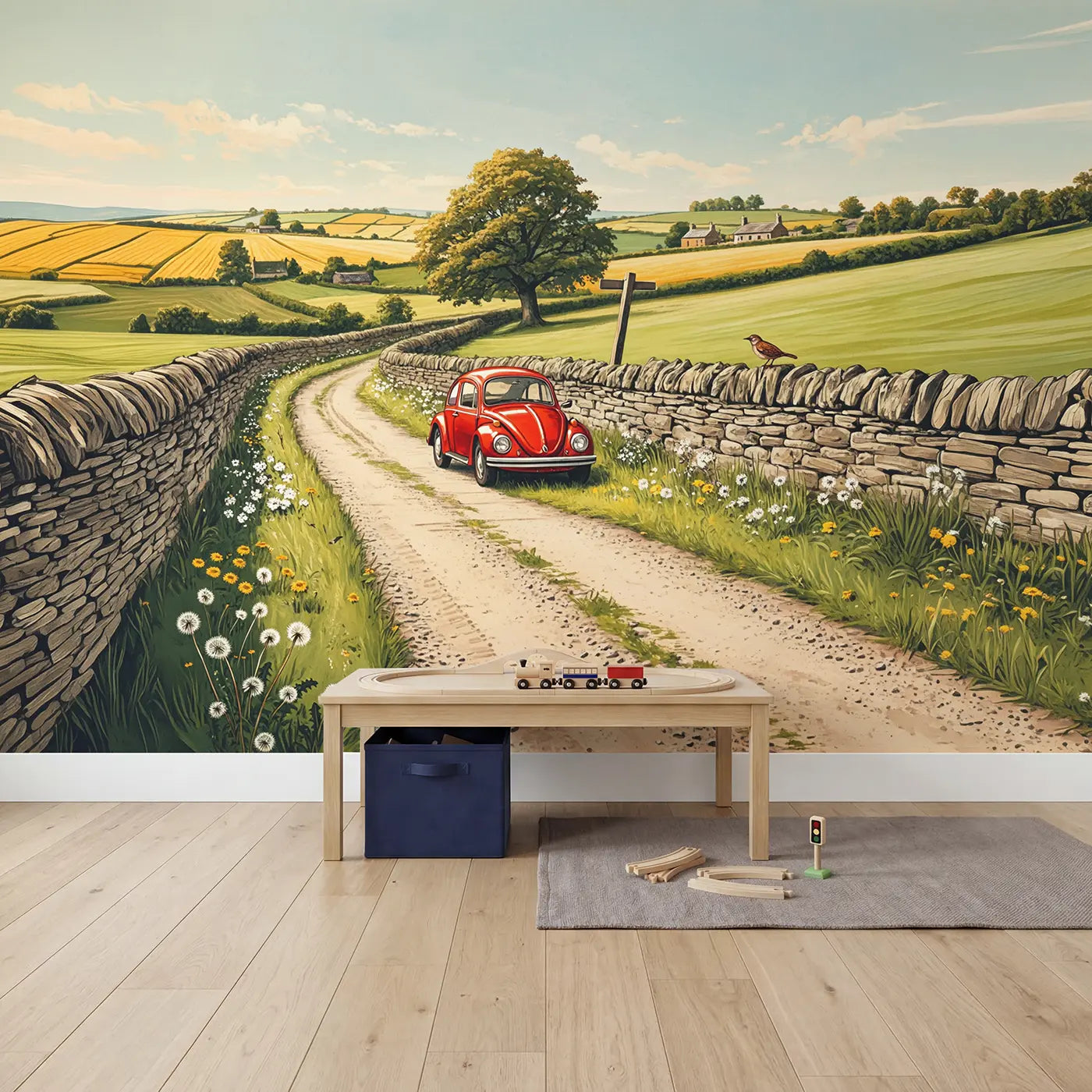 Red Beetle Country Lane Wallpaper Mural in playroom setting by Whimsy Tots