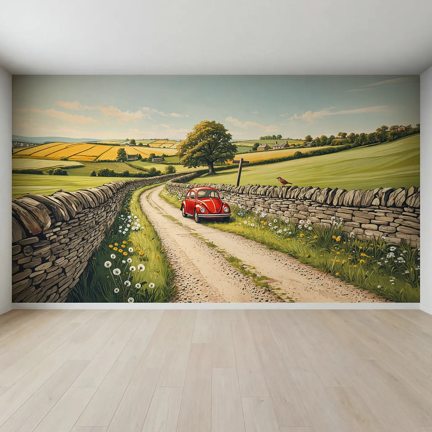 Full view of Red Beetle Country Lane Wallpaper Mural by Whimsy Tots