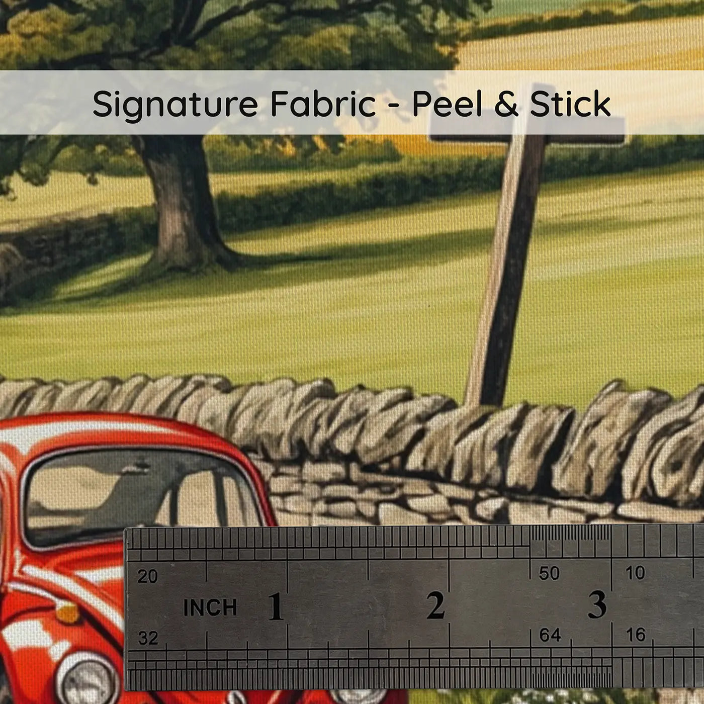 Fabric texture close-up of Red Beetle Country Lane Wallpaper Mural by Whimsy Tots