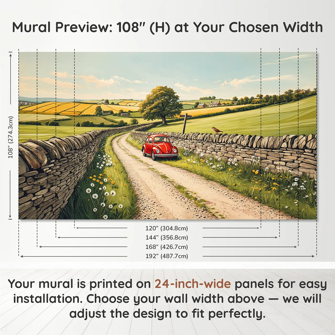 Panel layout and dimensions for Red Beetle Country Lane Wallpaper Mural by Whimsy Tots