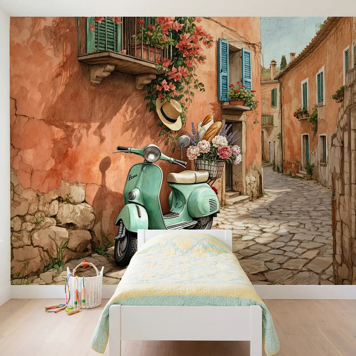 Storybook vintage vespa mediterranean street wallpaper mural for girls room by Whimsy Tots