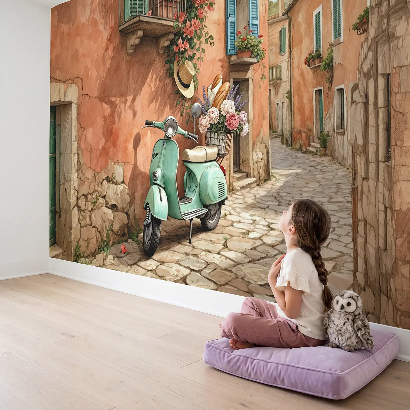 Child in nursery with Vintage Vespa Mediterranean Street Wallpaper Mural by Whimsy Tots