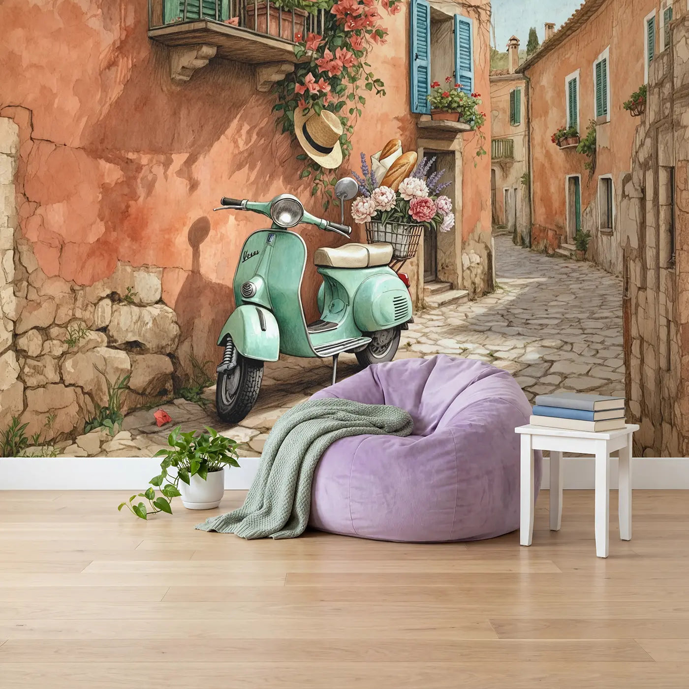 Vintage Vespa Mediterranean Street Wallpaper Mural in playroom setting by Whimsy Tots