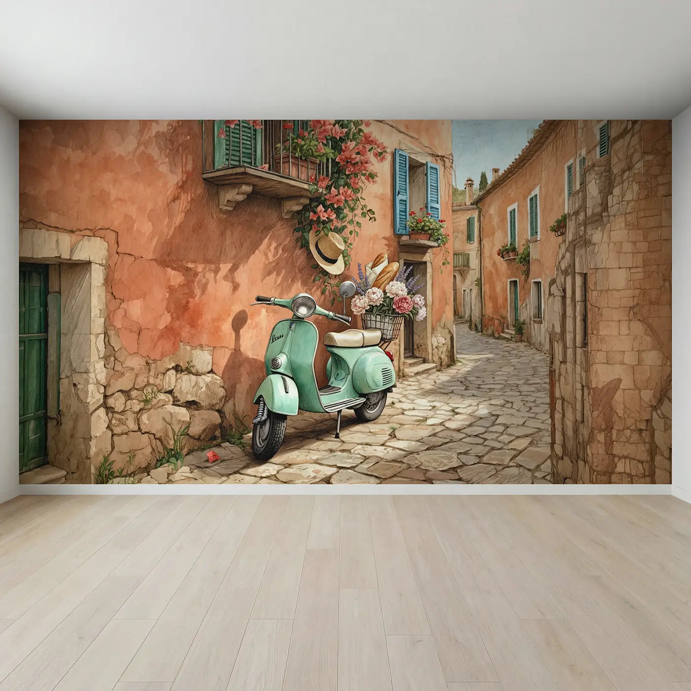 Full view of Vintage Vespa Mediterranean Street Wallpaper Mural by Whimsy Tots