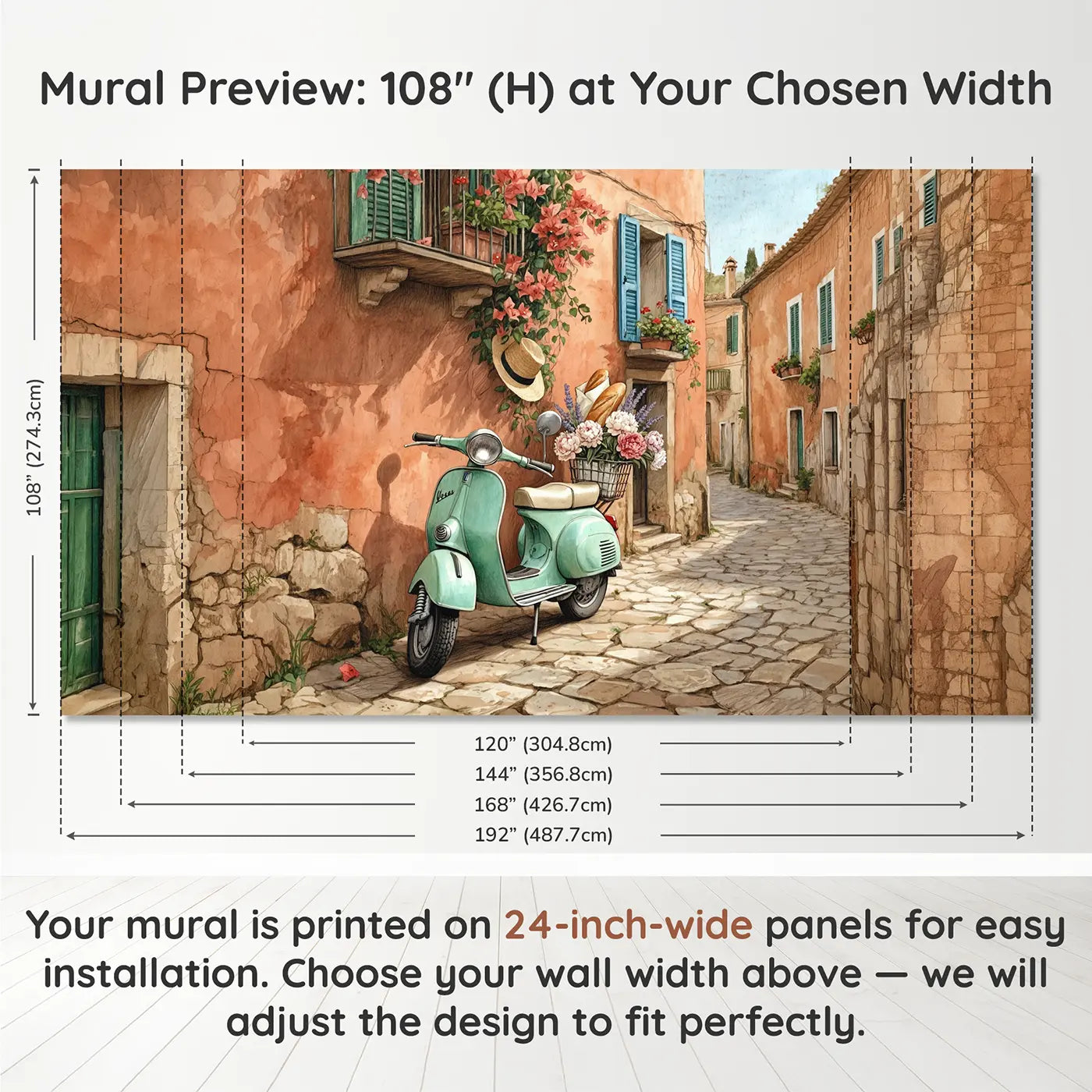 Panel layout and dimensions for Vintage Vespa Mediterranean Street Wallpaper Mural by Whimsy Tots