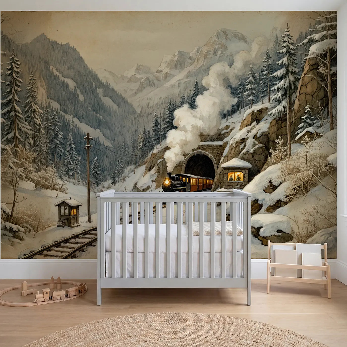 storybook steam train snowy mountain tunnel wallpaper mural for nursery by Whimsy Tots