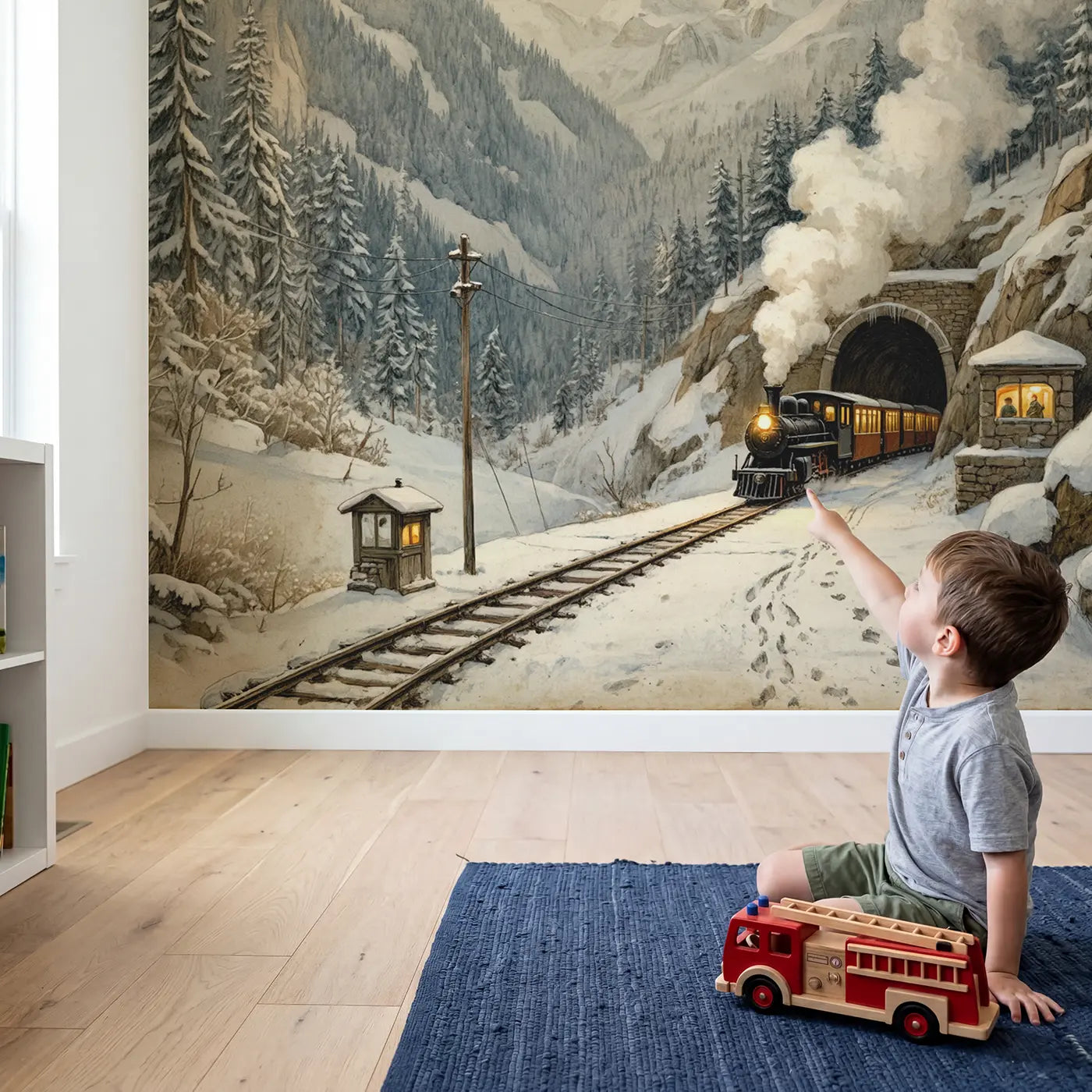 Child in nursery with Snow Mountain Steam Train Wallpaper Mural by Whimsy Tots