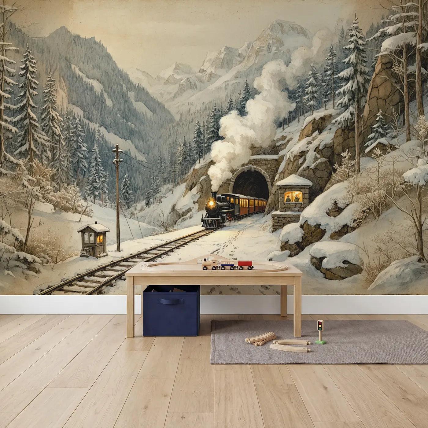 Snow Mountain Steam Train Wallpaper Mural in playroom setting by Whimsy Tots