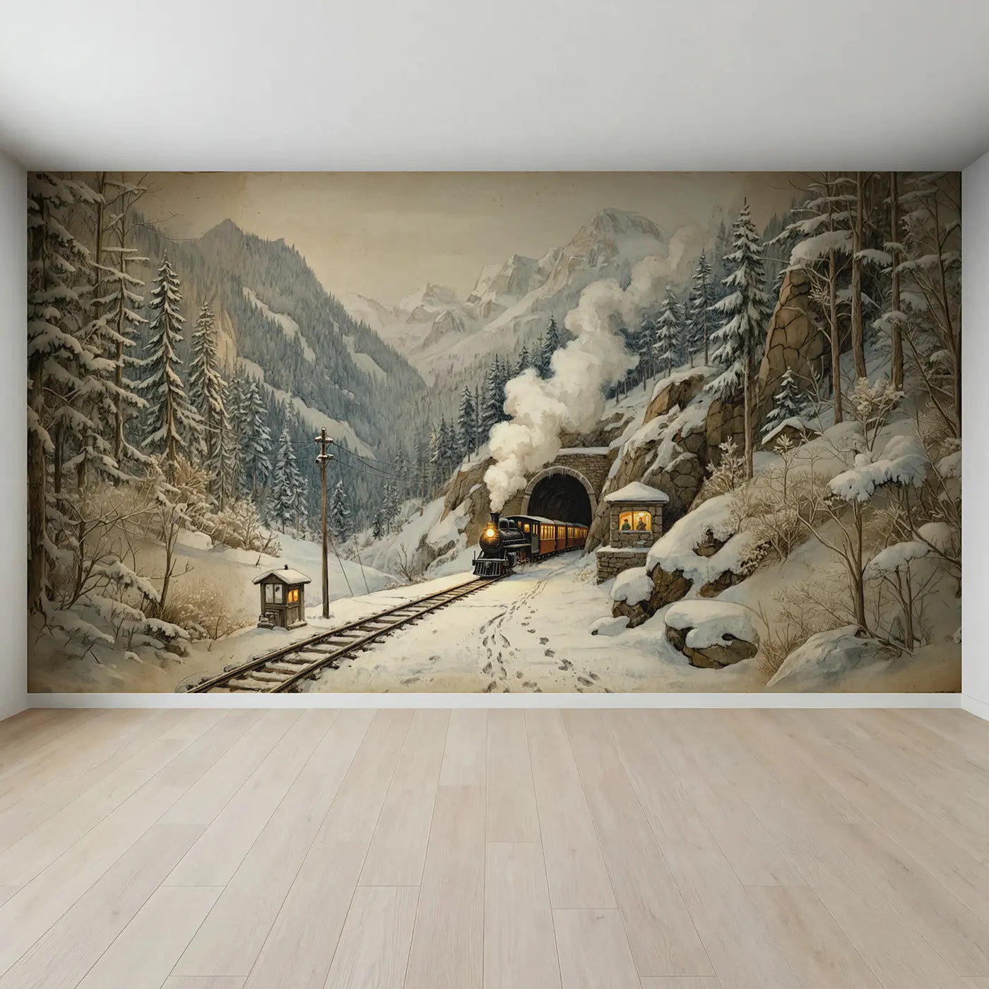 Full view of Snow Mountain Steam Train Wallpaper Mural by Whimsy Tots