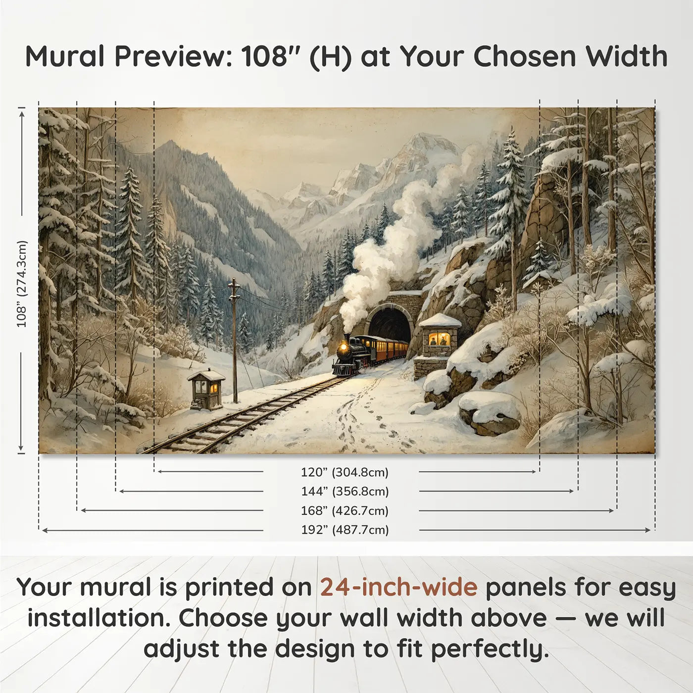 Panel layout and dimensions for Snow Mountain Steam Train Wallpaper Mural by Whimsy Tots
