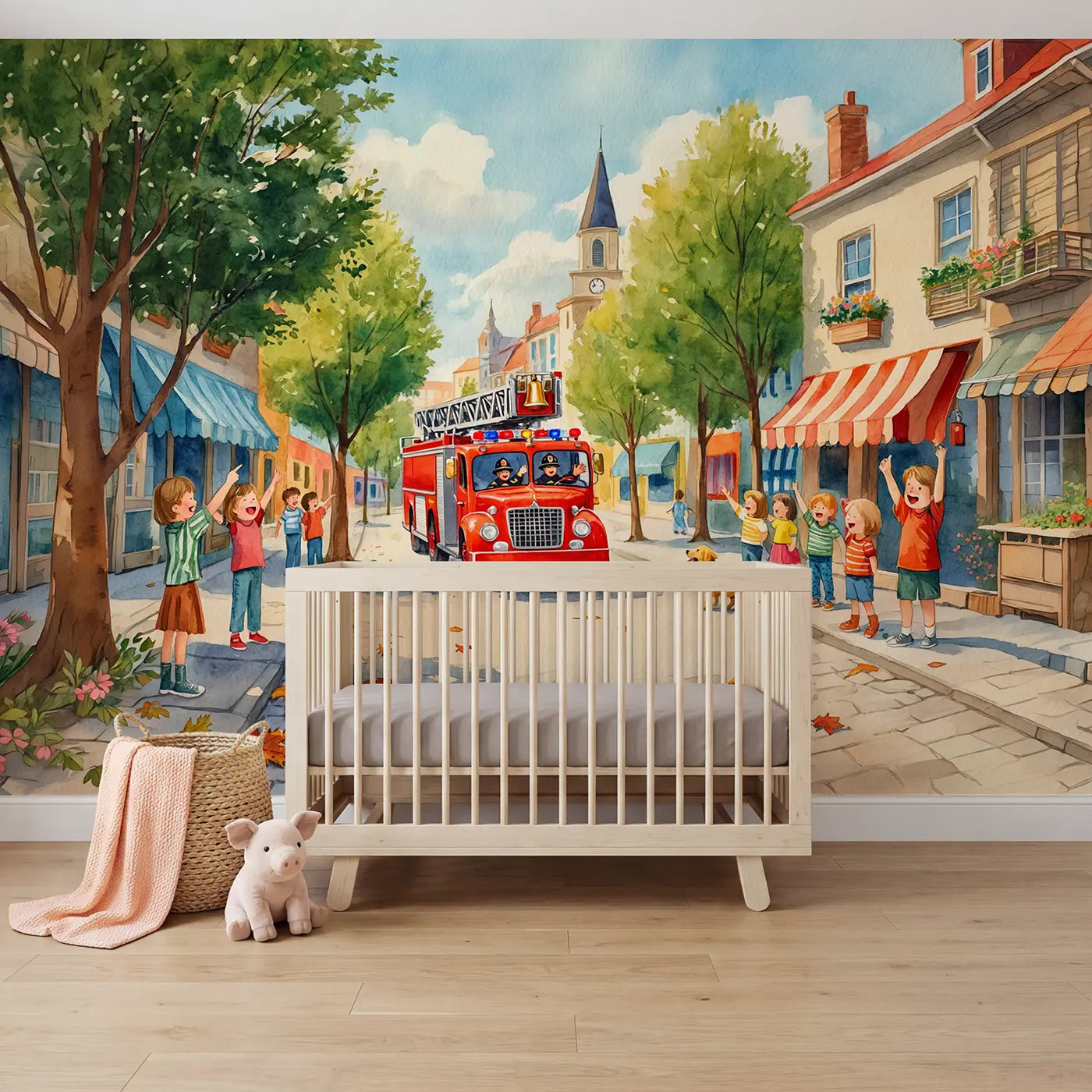Watercolor town fire engine parade wallpaper mural for girls room by Whimsy Tots