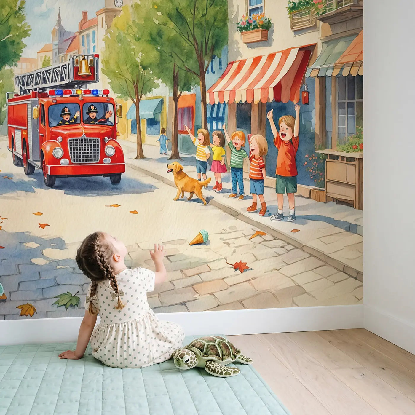 Child in nursery with Town Fire Engine Parade Wallpaper Mural by Whimsy Tots