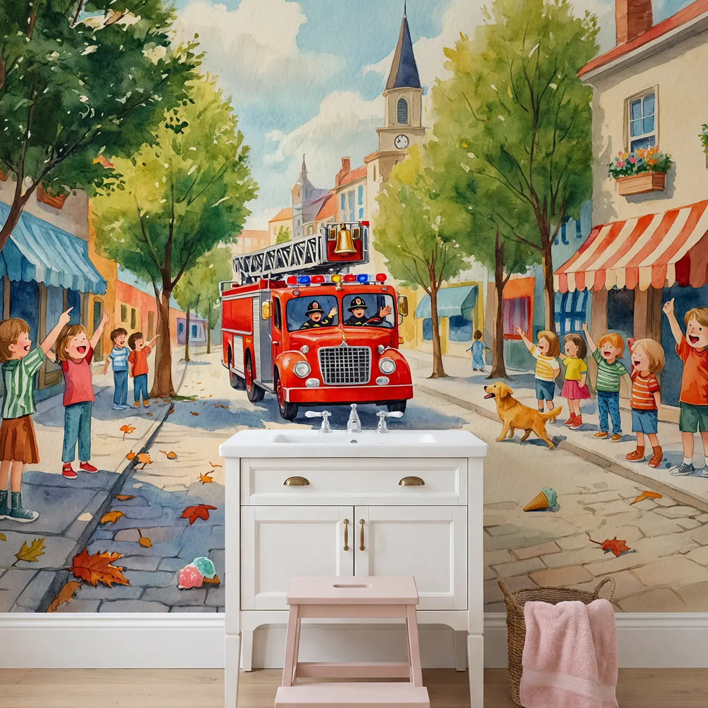 Town Fire Engine Parade Wallpaper Mural in playroom setting by Whimsy Tots