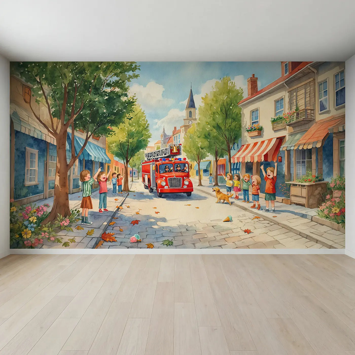Full view of Town Fire Engine Parade Wallpaper Mural by Whimsy Tots