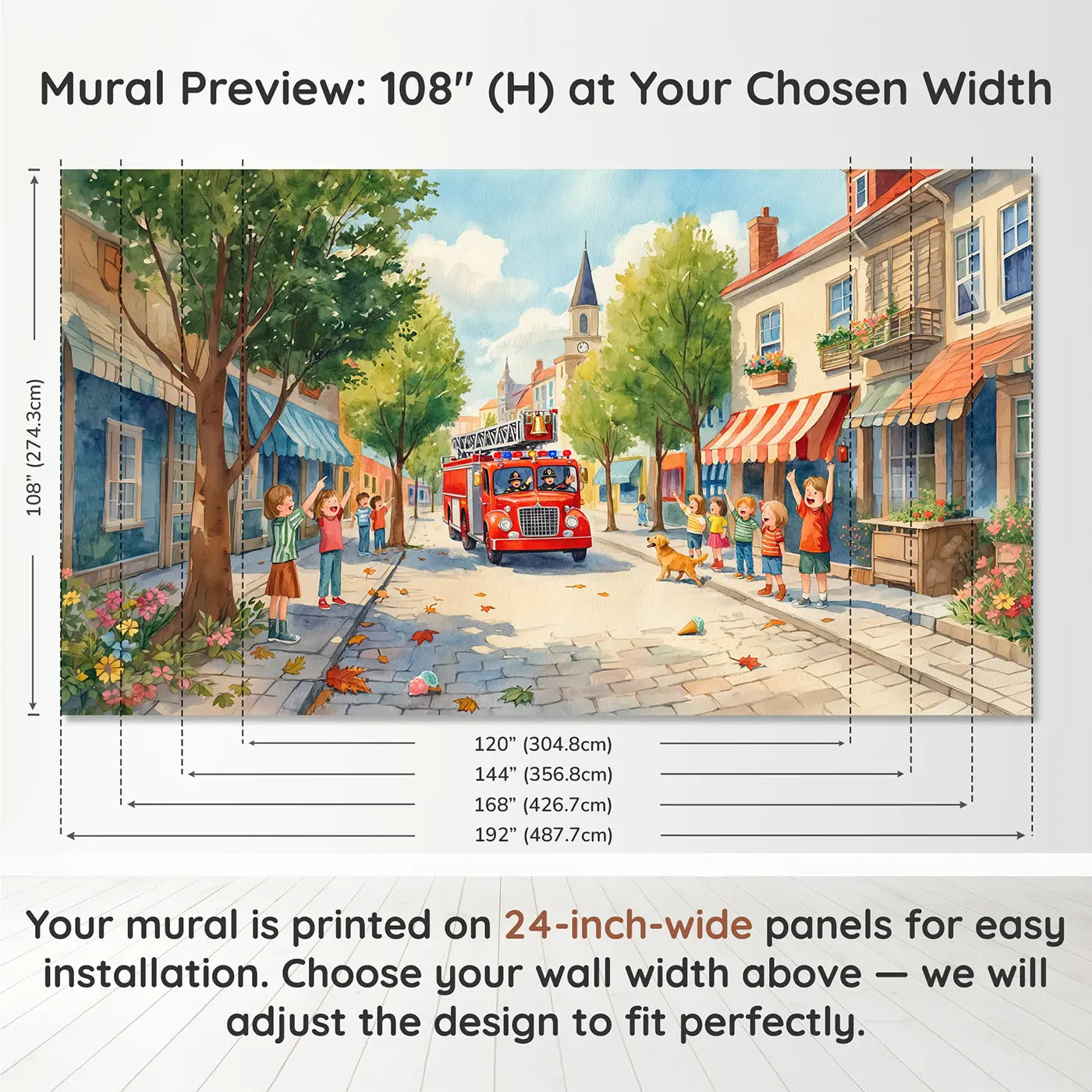 Panel layout and dimensions for Town Fire Engine Parade Wallpaper Mural by Whimsy Tots