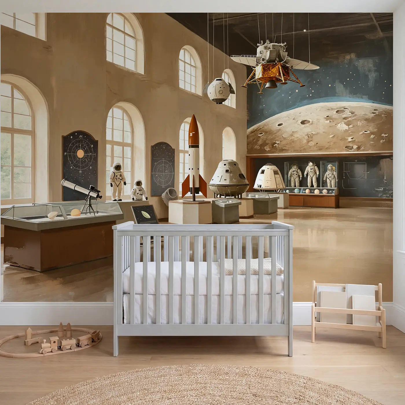 Soft pastel rocket planet space museum wallpaper mural for kids room by Whimsy Tots