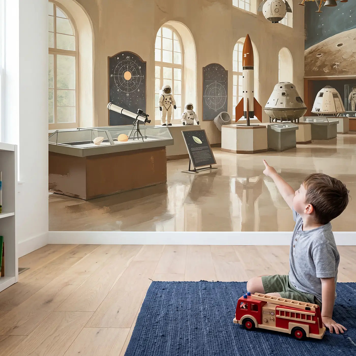 Child in nursery with Space Museum Rockets Wallpaper Mural by Whimsy Tots