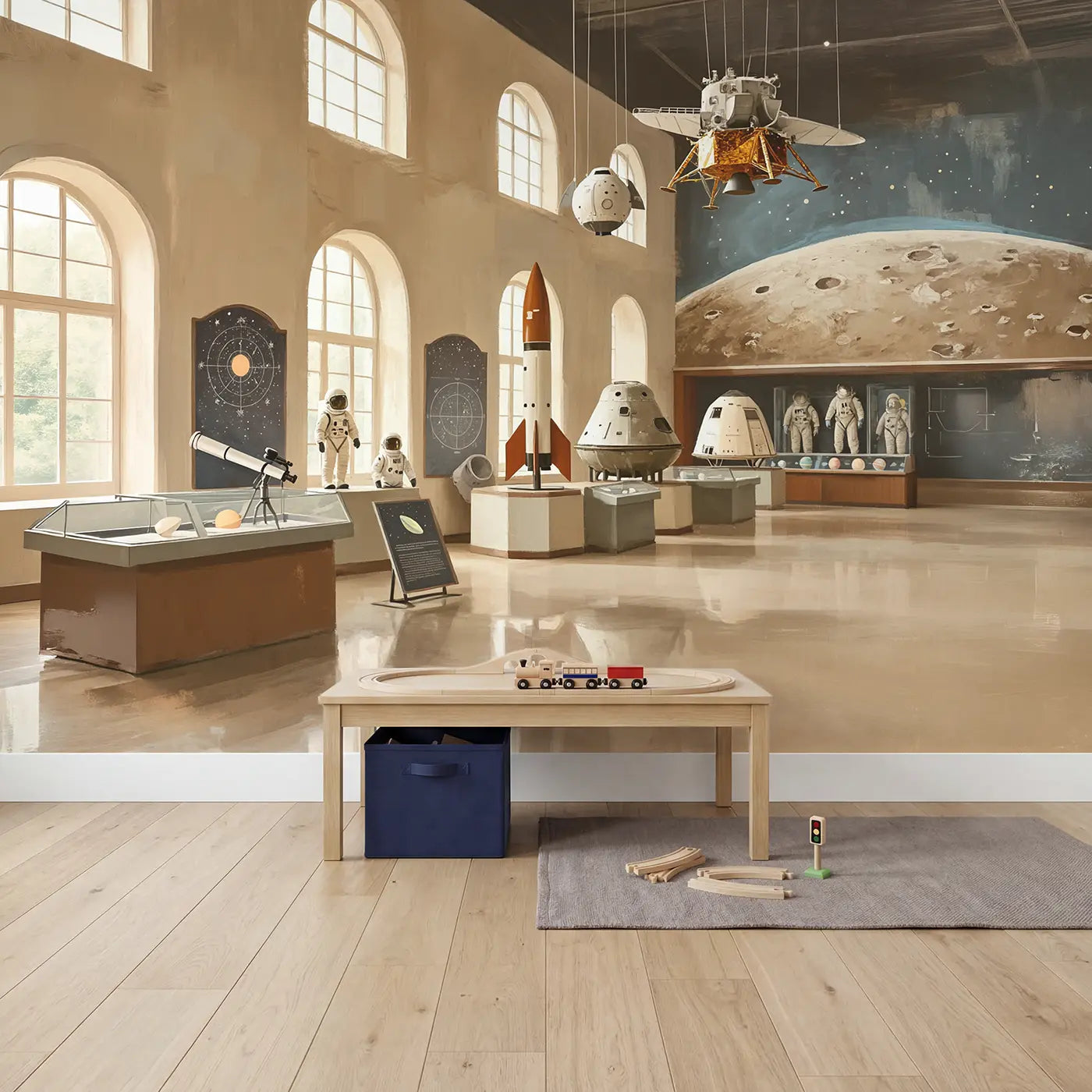 Space Museum Rockets Wallpaper Mural in playroom setting by Whimsy Tots