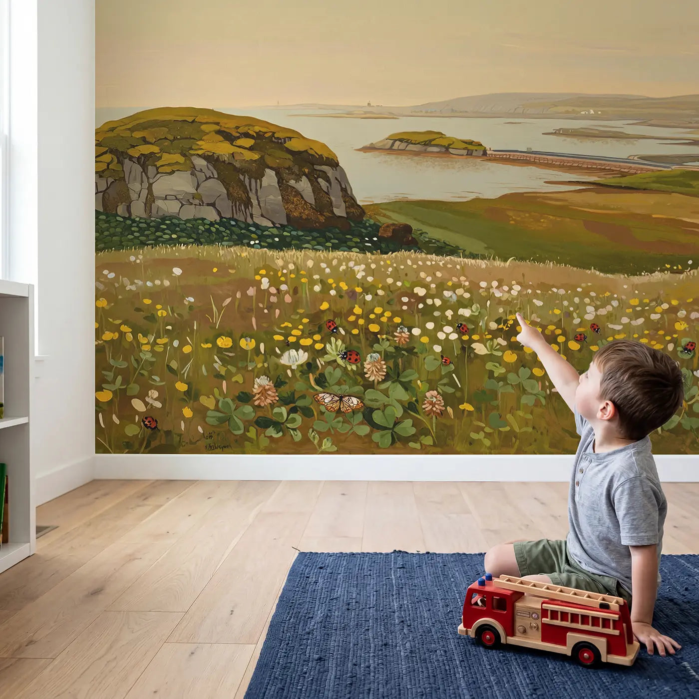 Child in nursery with Island Connected Causeway Road Wallpaper Mural by Whimsy Tots