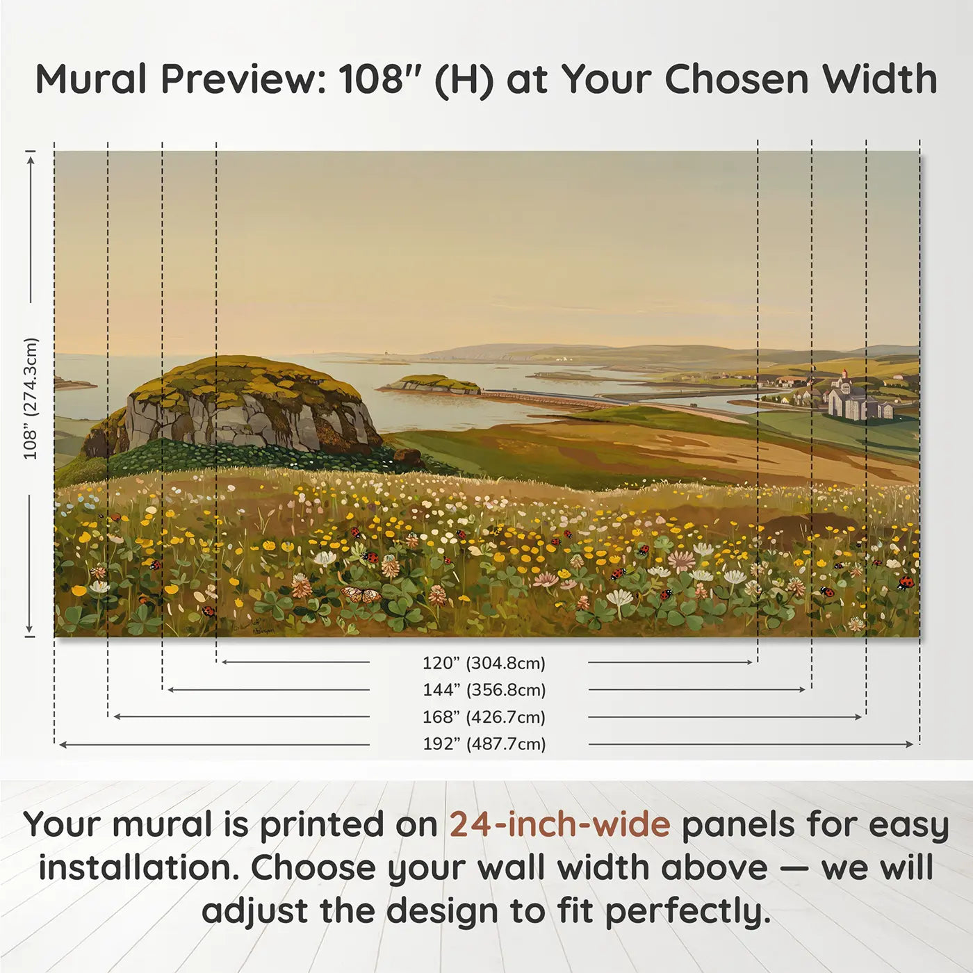 Panel layout and dimensions for Island Connected Causeway Road Wallpaper Mural by Whimsy Tots