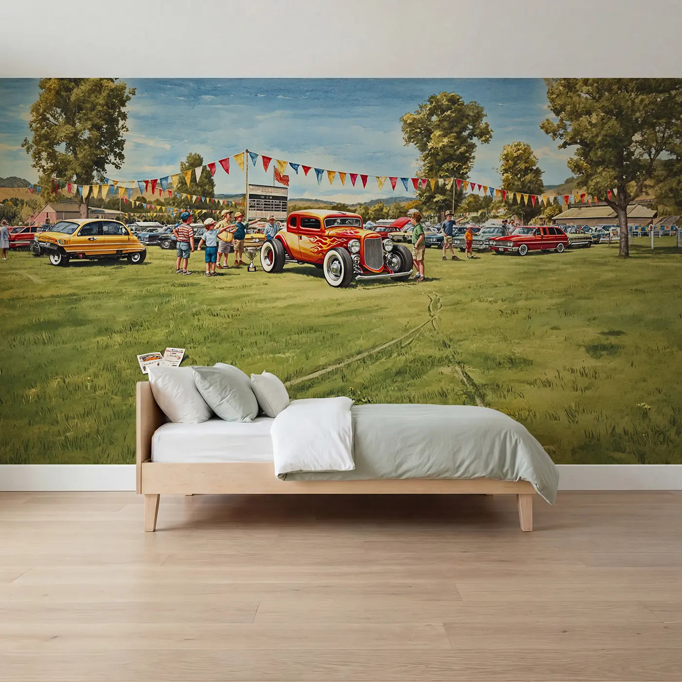 Storybook vintage hot rod car show wallpaper mural for boys room by Whimsy Tots