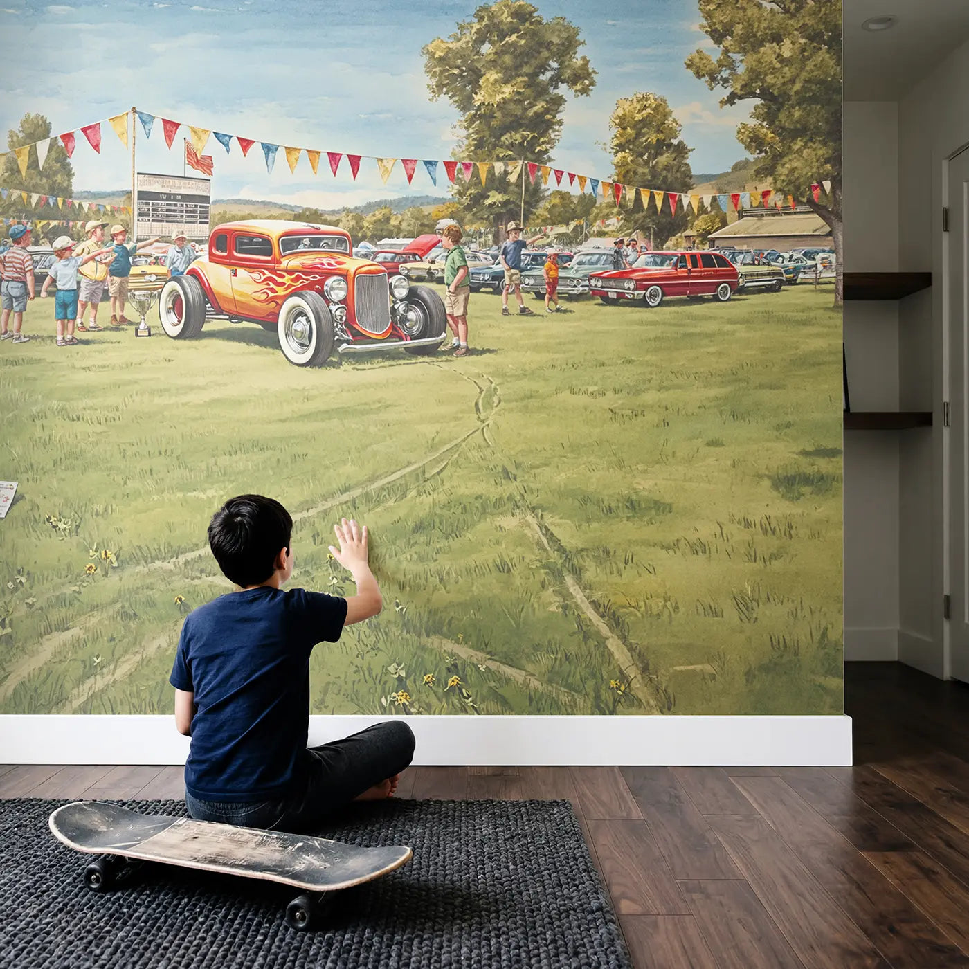 Child in nursery with Vintage Hot Rod Show Wallpaper Mural by Whimsy Tots
