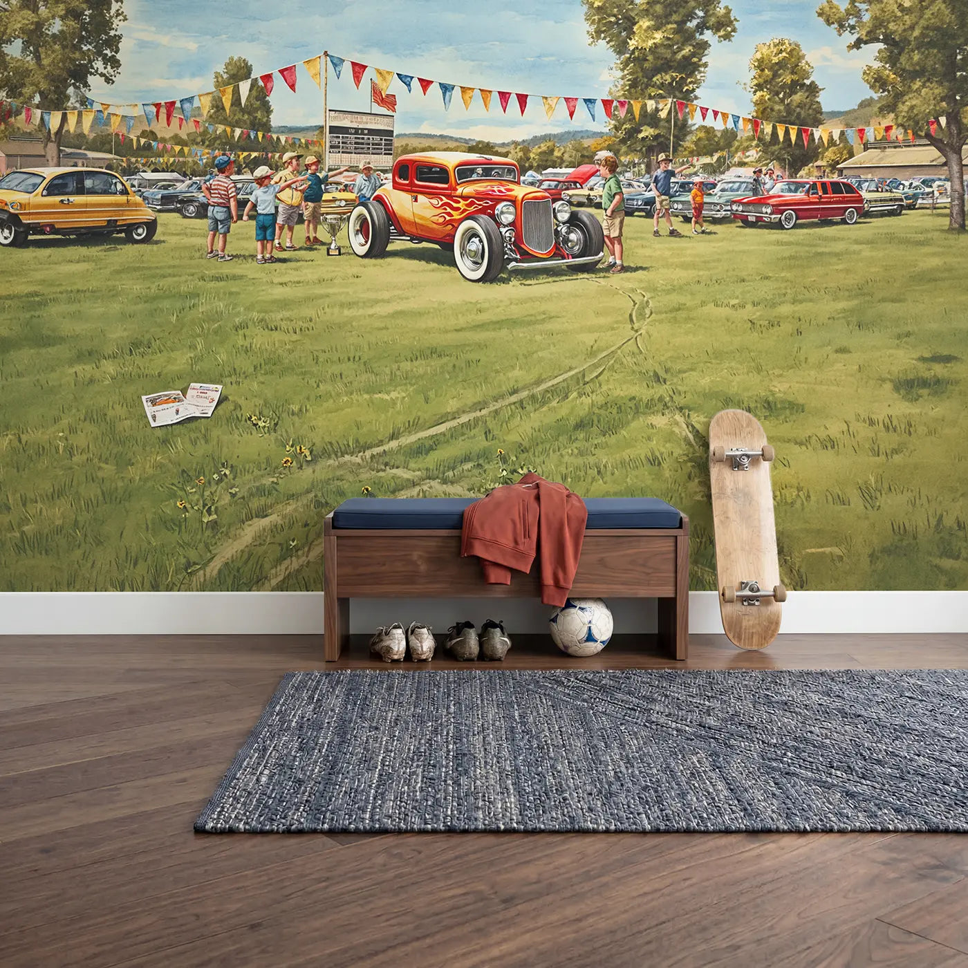 Vintage Hot Rod Show Wallpaper Mural in playroom setting by Whimsy Tots
