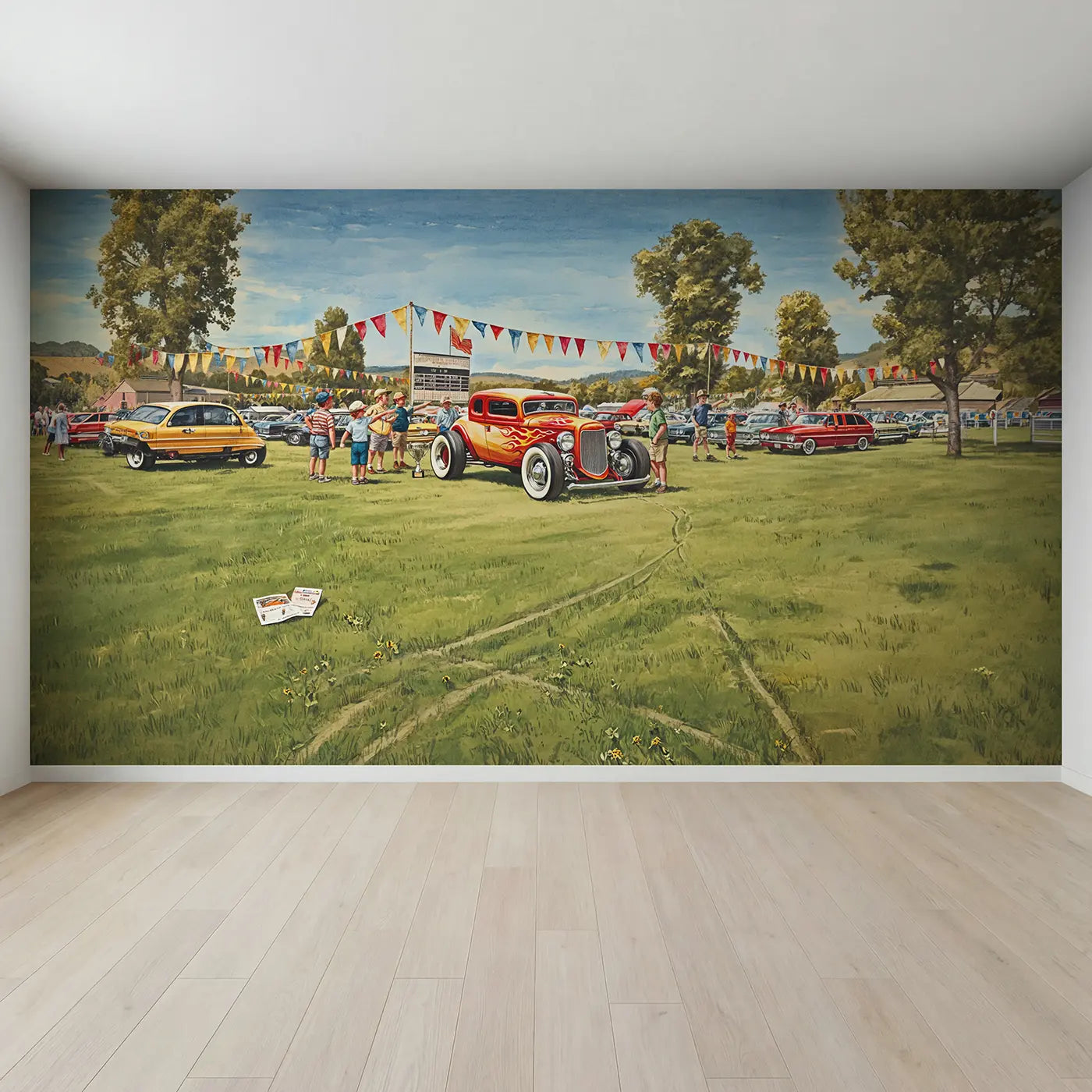 Full view of Vintage Hot Rod Show Wallpaper Mural by Whimsy Tots