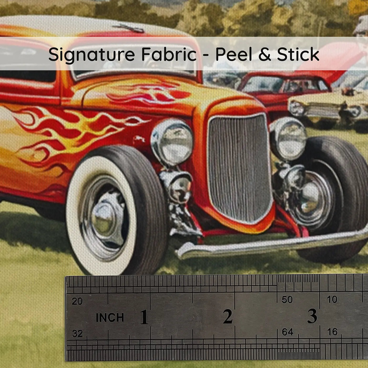 Fabric texture close-up of Vintage Hot Rod Show Wallpaper Mural by Whimsy Tots
