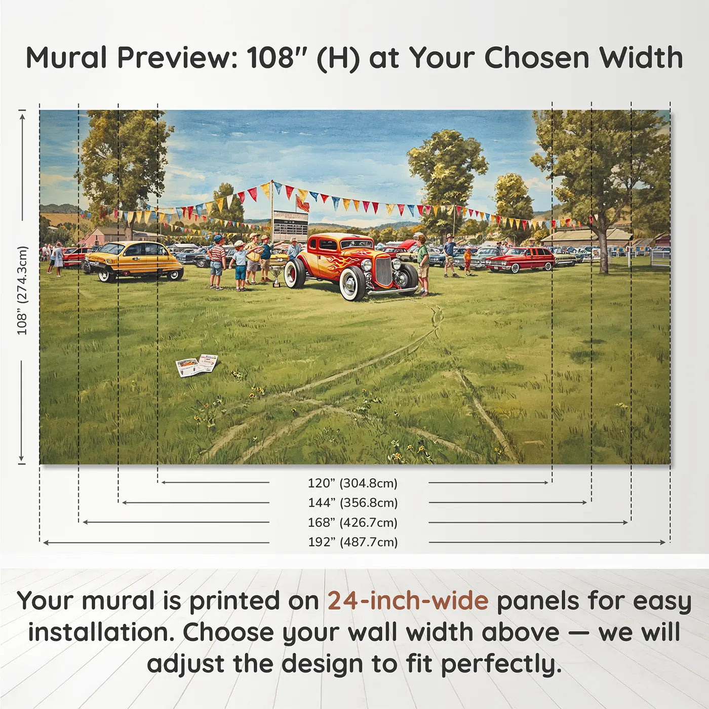 Panel layout and dimensions for Vintage Hot Rod Show Wallpaper Mural by Whimsy Tots