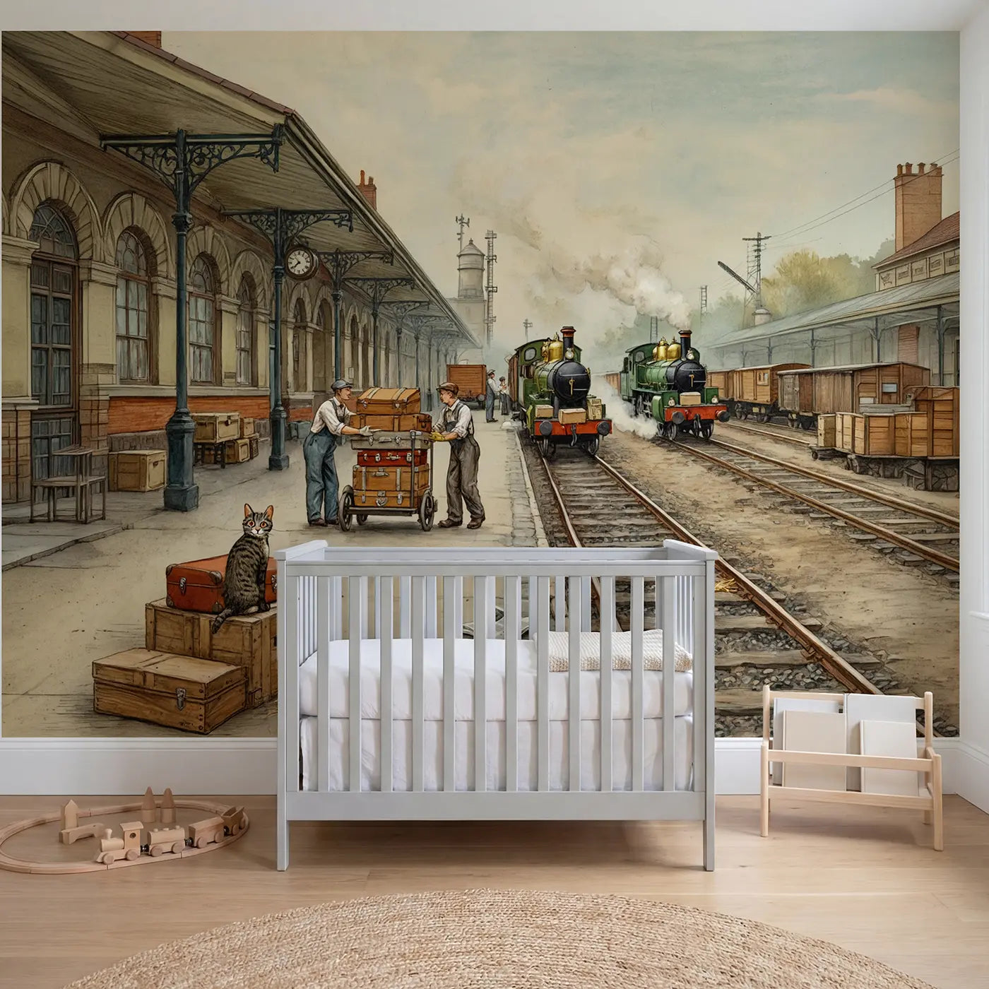 Storybook train station cargo loading wallpaper mural for boys room by Whimsy Tots