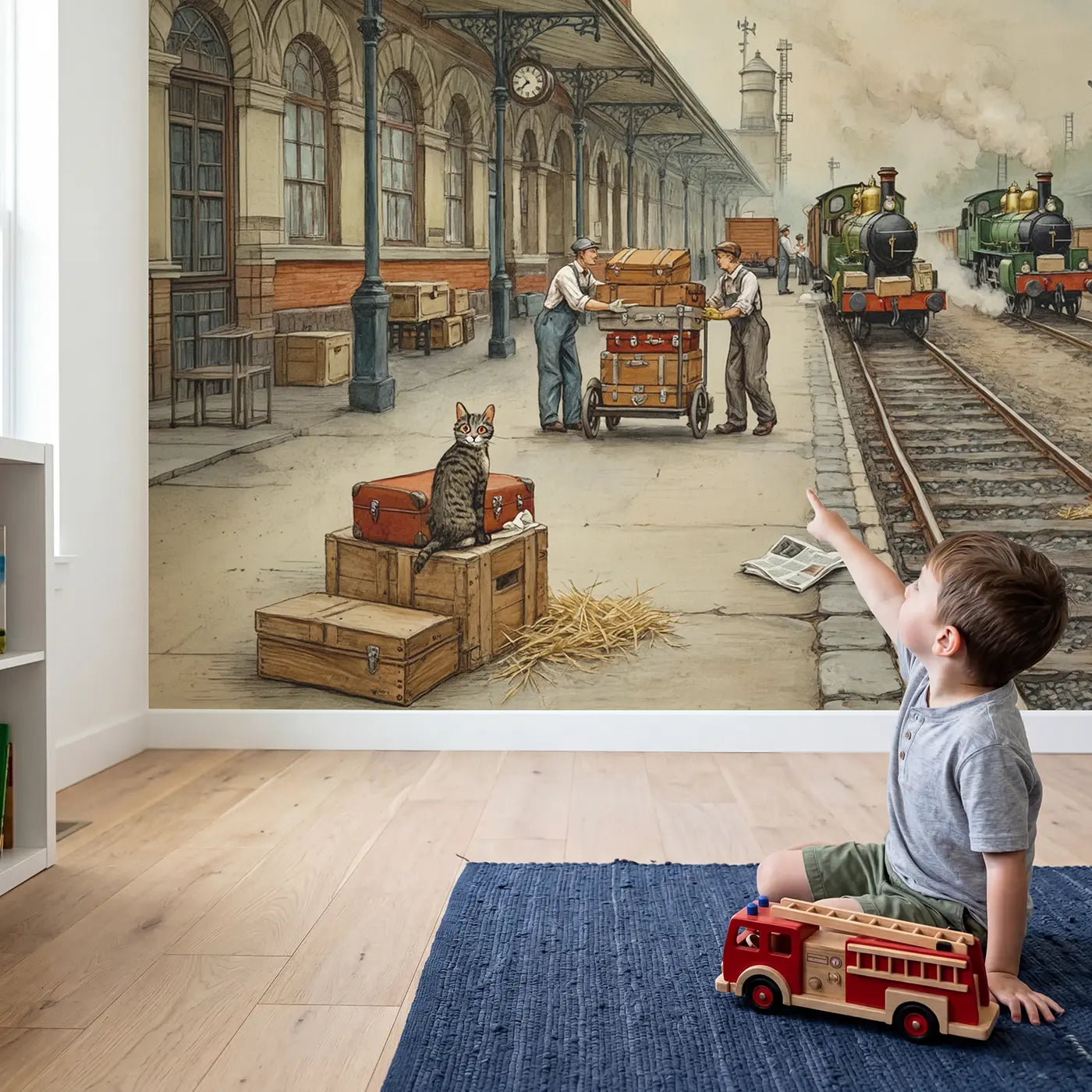 Child in nursery with Train Station Cargo Loading Wallpaper Mural by Whimsy Tots