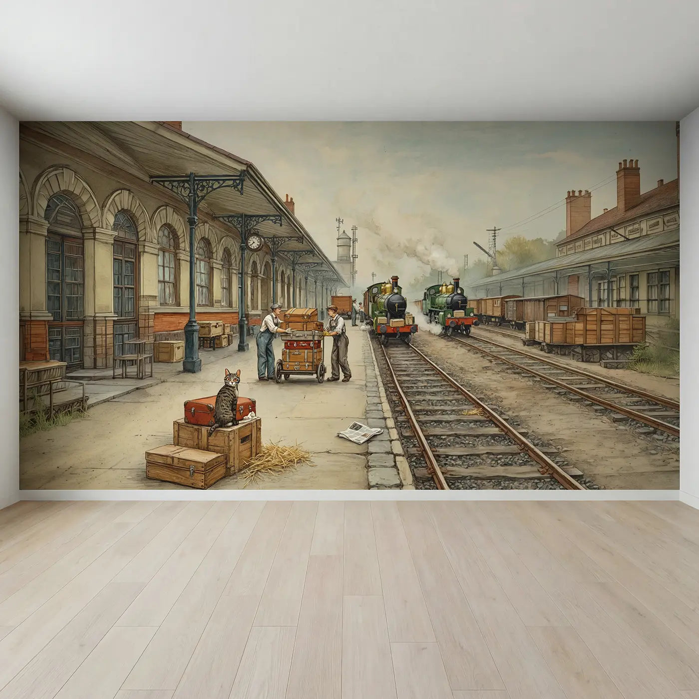 Full view of Train Station Cargo Loading Wallpaper Mural by Whimsy Tots